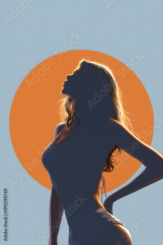 Silhouette of woman against orange sun with golden hour lighting