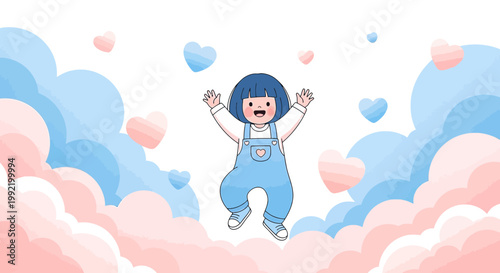 Joyful Child Jumping Amidst Pink and Blue Clouds and Hearts