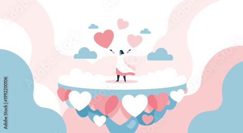 Joyful Woman Embracing Love, Floating on Cloud Surrounded by Hearts