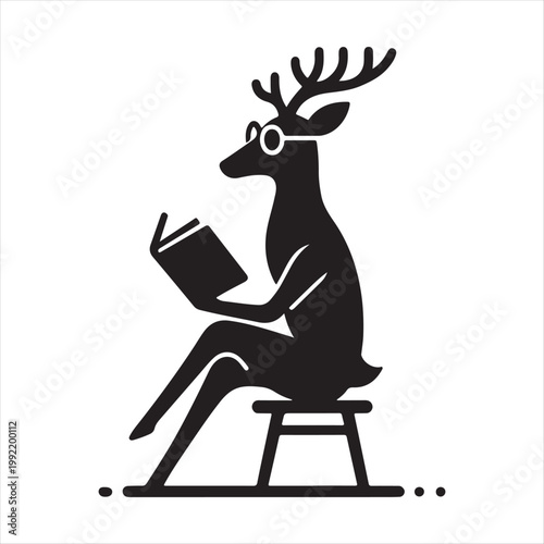  deer reading books vector silhouette line art logo design concept illustration idea