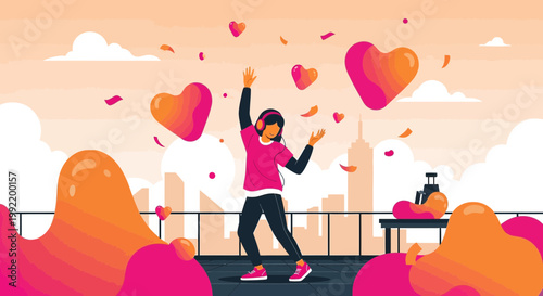 Joyful Woman Dancing with Hearts on Rooftop, Celebrating Love and Happiness