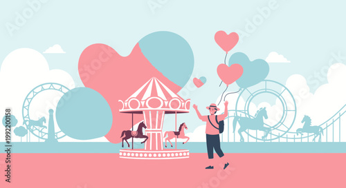 Joyful person with heart balloons at amusement park with carousel and roller coaster