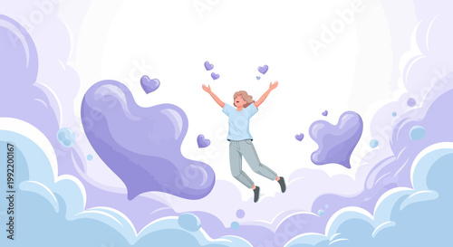 Joyful Woman Jumping in Sky with Purple Hearts and Clouds