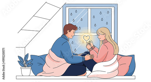 Couple in love on rainy day, sharing heart symbol, cozy romance illustration