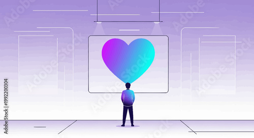 Man admires large glowing heart art on screen, abstract modern gallery, digital love concept