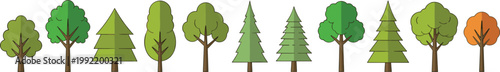 Flat Style Green Forest Tree Icons Row Set with Pine and Deciduous Vector Collection