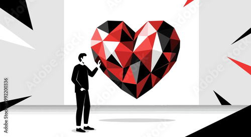 Man Admiring Abstract Geometric Heart Art in Modern Gallery