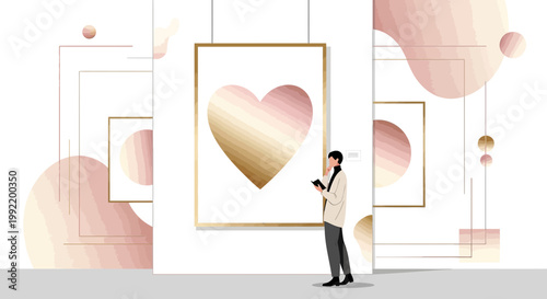 Man Admiring Abstract Heart Art in Modern Gallery
