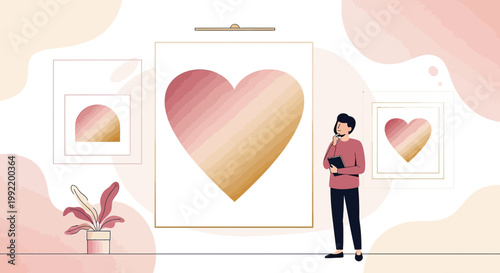 Man Admiring Abstract Gradient Heart Art in Modern Gallery Exhibition