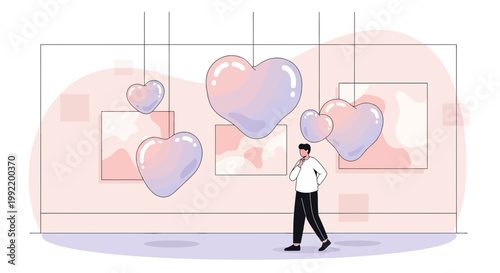 Man Admiring Abstract Heart Art Installation in Modern Gallery