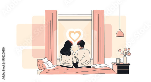Couple In Love Sitting On Bed Looking At Heart Symbol Through Window