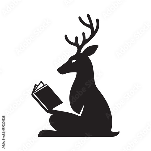 deer reading books vector silhouette line art logo design concept illustration idea
