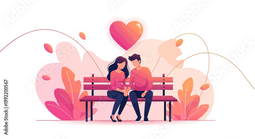 Couple in Love Sitting on Bench with Heart Above, Romantic Date