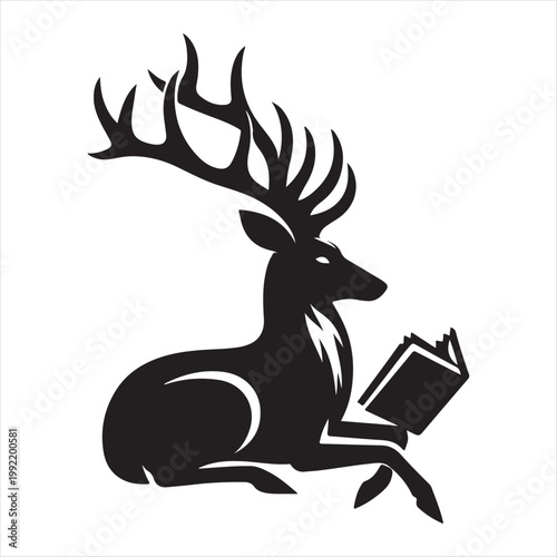 deer reading books vector silhouette line art logo design concept illustration idea