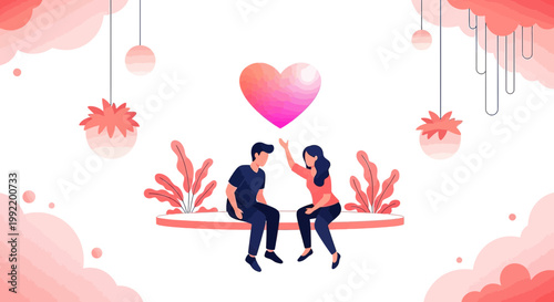 Couple in Love Sitting Together Under a Pink Geometric Heart, Romantic Illustration