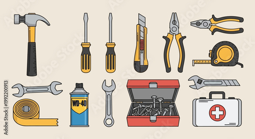 Set of flat design hand tools for home repair and DIY maintenance projects.