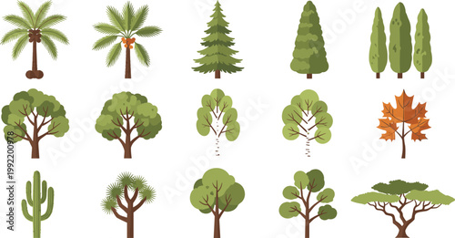 Different Types of Flat Style Tree Species Icons Set Green Nature Vector Collection