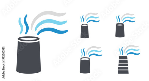 Icon set of factory smokestacks emitting smoke into the air.