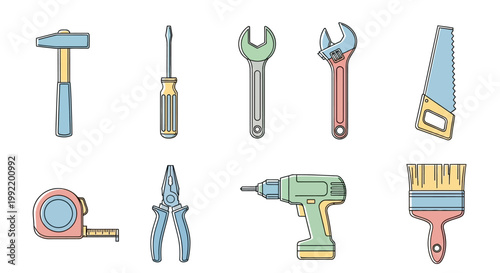 Set of illustrated hand tools on a white background