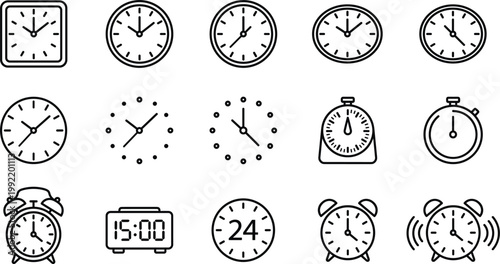 Clock icons set collection time symbols analog digital alarm stopwatch timer outline vector isolated design elements
