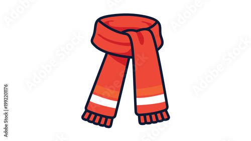 Red winter scarf vector icon with editable stroke. Modern flat illustration of a long knitted neck scarf with yellow and white stripes and fringe, isolated on white. Scalable graphic element.