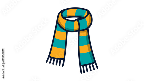 Striped Winter Scarf Vector Icon with Editable Stroke. Modern Flat Illustration of a Long Woolen Neck Scarf in Orange and Teal, Perfect for Fashion, Cold Weather, and Seasonal Clothing Designs.
