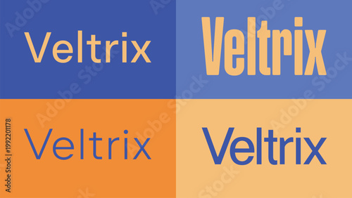 Veltrix logo variations in blue and orange hues with different font styles