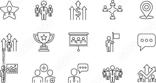 business, icons, set, line, corporate, management, teamwork, leadership, communication, growth, success, strategy, marketing, people, analytics, presentation, target, location, network, organization