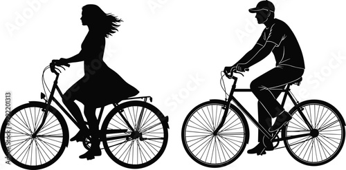 bicycle, silhouette, people, cycling, rider, bike, transport, outdoor, activity, sport, healthy, lifestyle, man, woman, black, isolated, background, movement, commute, recreation