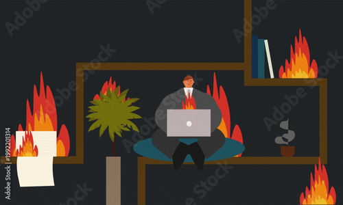 Conceptual illustration of work burnout and stress. A tired office worker is overwhelmed by flames, symbolizing emotional exhaustion, pressure, and mental overload in a modern digital work environment