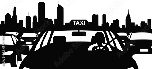 Taxi ride on road in city silhouette.