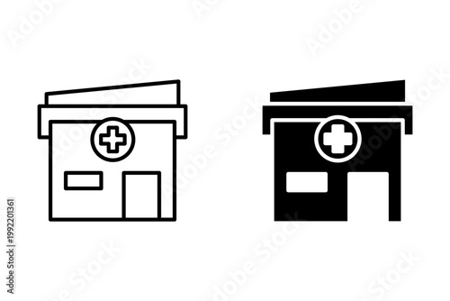 Pharmacy symbol Icon. Medical emergency care center in the city town. Vector set of hospital or medical store to help people seeking medical or urgency. Clinic building or laboratory of chemist