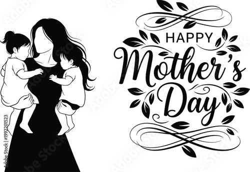 A loving mother embraces two young children with a decorative happy mother s day message high quality professional detailed modern elegant