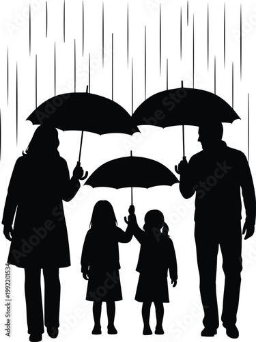 A family of four stands together under umbrellas during a downpour silhouetted against a white background high quality professional detailed modern