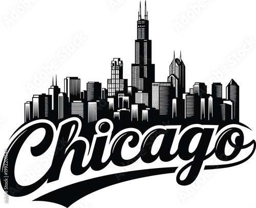 A stylized black and white illustration depicts the chicago skyline with the city s name prominently displayed high quality professional detailed