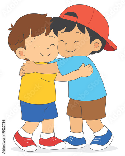 Kids hugging and making peace, friendship and forgiveness between children