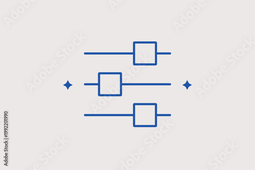 Triple horizontal sliders representing sound adjustment or graphic equalizer settings. Technical Vector Illustration for audio mixing consoles and advanced system preference menus.