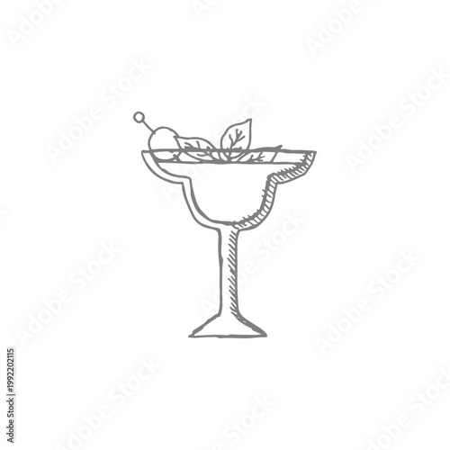 Minimalist hand drawn line art sketch of a cocktail margarita glass with olive and leaves garnish isolated on white background.
