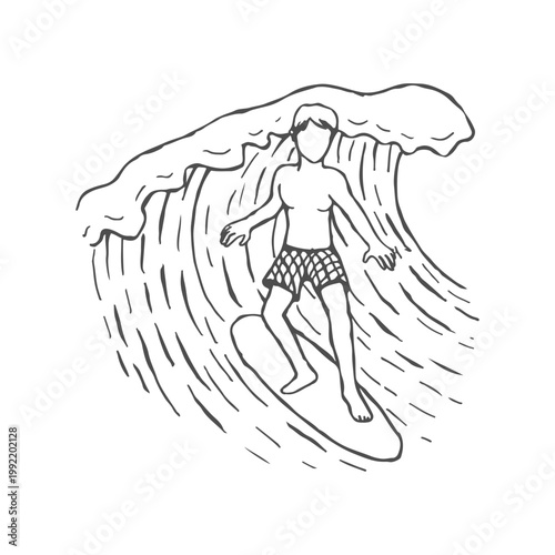 Canvas Print Minimalist line art illustration of a young man surfing on a surfboard inside a large ocean wave for coloring page design