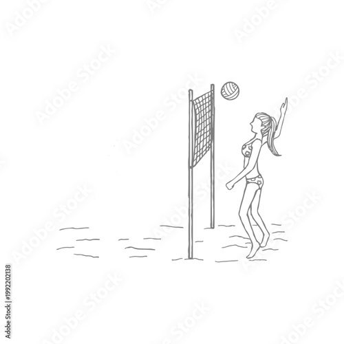 Minimalist line art illustration of a young woman playing beach volleyball jumping to hit the ball over a net for coloring.
