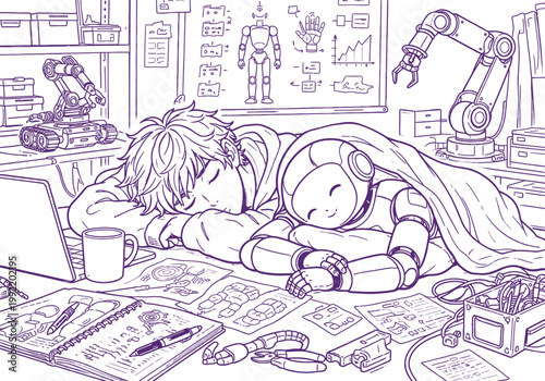 Boy and Robot Sleeping Together Lab Illustration