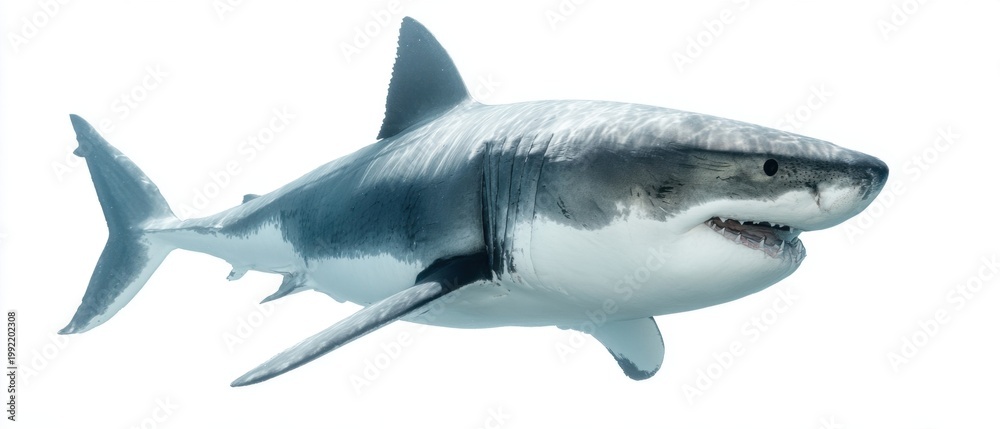 Fototapeta premium The Great White Shark Swimming Alone Against a Bright White Background in Studio