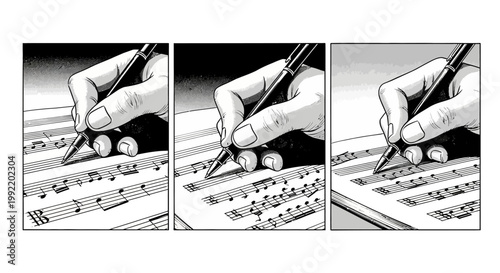 Hand writing musical notes with pen on paper, creativity and composition