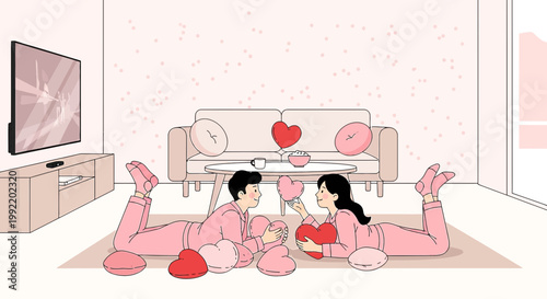 Couple in Pajamas Sharing Hearts in Cozy Living Room