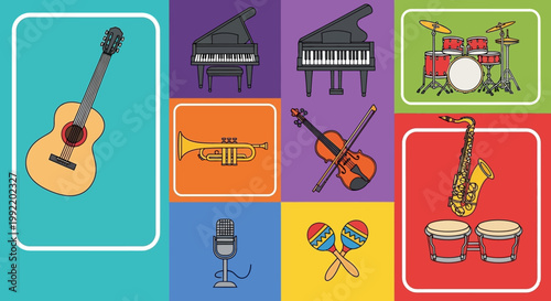 Musical Instruments Collage: Guitar, Piano, Drums, Trumpet, Violin, Saxophone, Mic, Maracas