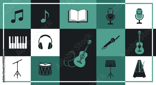 Music Icons Collage: Instruments, Notes, Microphone, Headphones, Sheet Music