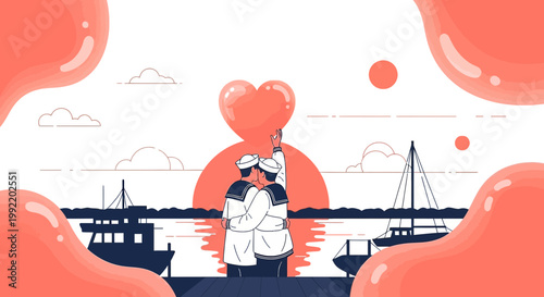 Gay Couple in Sailor Uniforms Holding Heart Balloon at Sunset