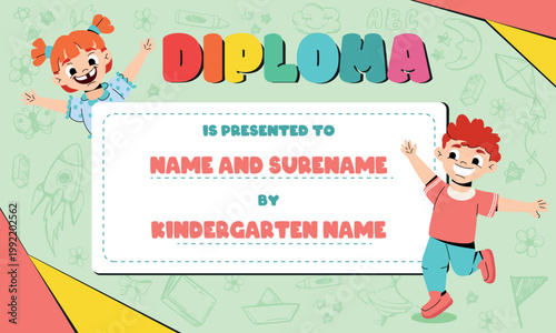 Colorful school diploma template for kids and children in kindergarten, preschool or primary classes with hand drawn doodle line art elements, funny cartoon boy girl, child toys and alphabet scribbles