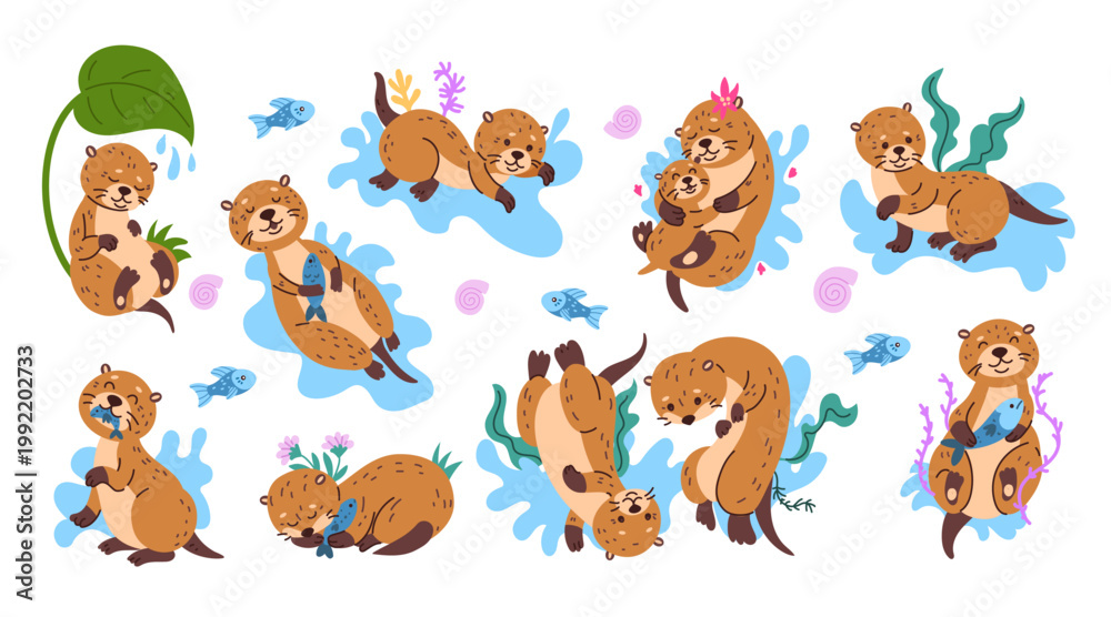 Obraz premium Otter cartoon. Cute pose animals. Funny sea weasel. Hawaii marine fish creature swimming. Happy aquatic mammal fauna at zoo. Playful wildlife couple character. Vector pet tidy mascot isolated set