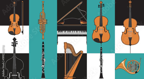 Vintage Orchestra Instruments Collage: Strings, Brass, Woodwinds, Piano, Harp